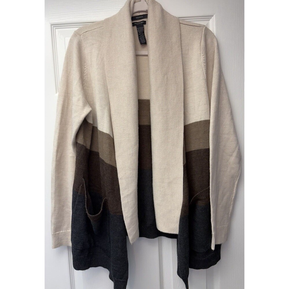 TAHARI Open Cardigan Merino Wool Long Wrap Sweater Taupe Brown Cream Large